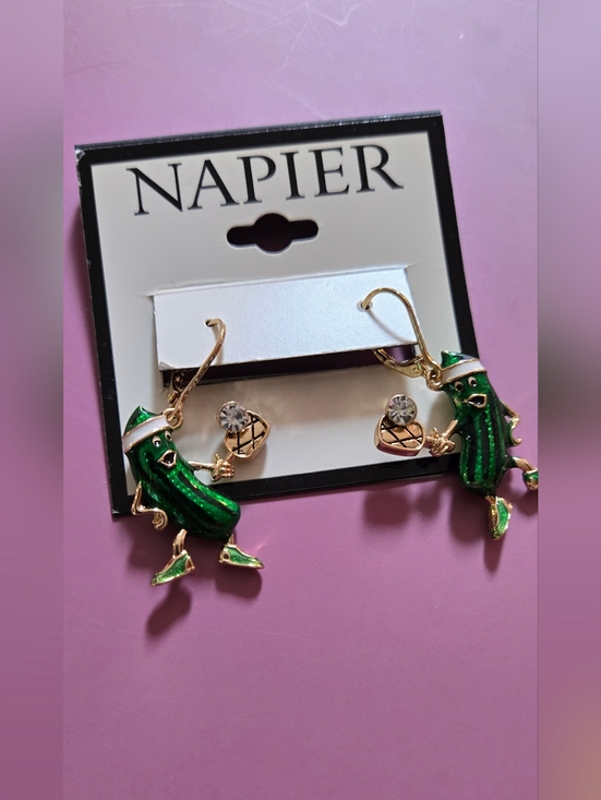 Napier Jewelry - Napier Green Enamel Pickle Dangle Earrings with Gold Accents